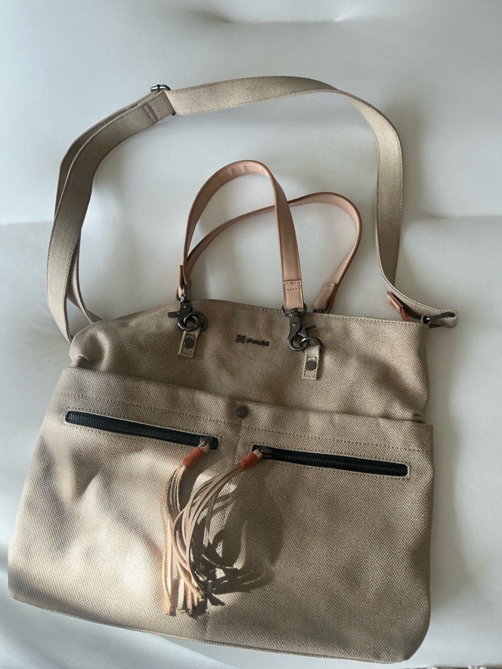 Sherpani Canvas Shoulder Bag in Beige with Tan Accents
